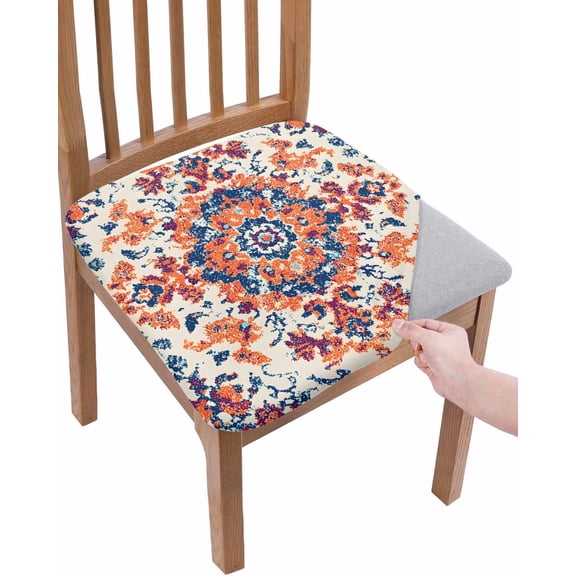 Orange Blue Ethnic Chair Seat Covers for Dining Room Stretch Chair Seat Covers Set of 6, Boho Geometric Art Vintage Chair Seat Protector Cushion Slipcovers for Kitchen Restaurant Office