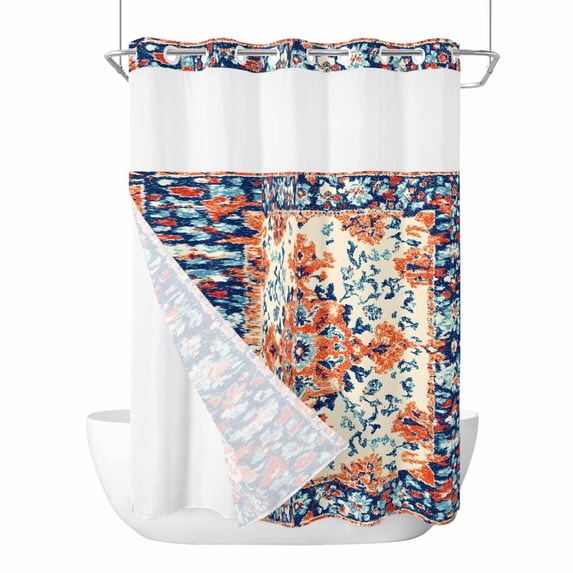 Orange Blue Ethnic No Hook Shower Curtain Waterproof, Bathroom Curtains with Snap in Liners and See Through Top Window, Boho Vintage Geometric Art Hotel Style Bathtub Curtains Shower 48"Wx72"L
