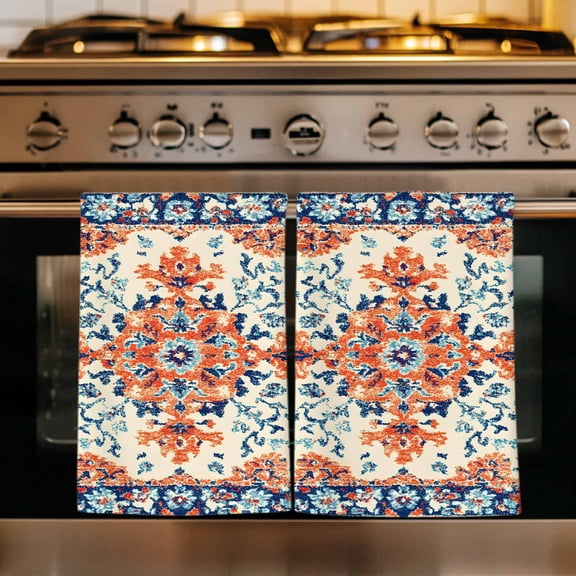 Orange Blue Ethnic Kitchen Towels Set of 2, Boho Vintage Geometric Art Absorbent Dish Towels for Kitchen, Microfiber Hand Towel, Quick Drying Tea Towel for Cleaning Decorative Dishcloths