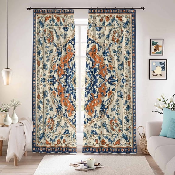 Orange Blue Ethnic Rustic Blackout Curtains for Bedroom/Living Room, Pinch Pleated Black Out Curtains, Boho Southwestern Heritage Room Darkening Window Drapes with Hooks 2 Panels, 59"x70"