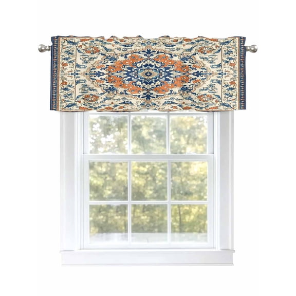 Orange Blue Ethnic Rustic Curtain Valances for Windows, Boho Southwestern Heritage Kitchen Valance Window Treatment, Light Filtering Block Curtains for Bathroom/Bedroom/Living Room 42'' x 12''