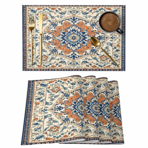 Orange Blue Ethnic Rustic Placemats Set of 4 Boho Southwestern Heritage Place Mats Indoor Wipeable Table Mats Washable Cloth Dining Table Placemats for Kitchen Holiday Party Home Decor 13x19 Inch