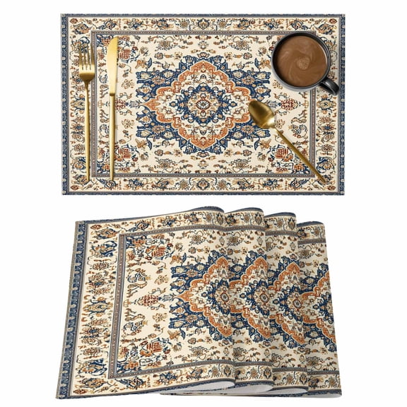 Orange Blue Ethnic Rustic Placemats Set of 6 Heritage Boho Southwestern Place Mats Indoor Wipeable Table Mats Washable Cloth Dining Table Placemats for Kitchen Holiday Party Home Decor 13x19 Inch