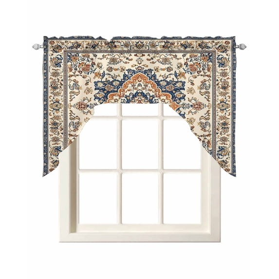 Orange Blue Ethnic Rustic Swag Valances for Windows, Small Curtains Drapes, Heritage Boho Southwestern Kitchen Window Curtains Over Sink Window Treatment Valance for Bedroom/Bathroom 56"x36"