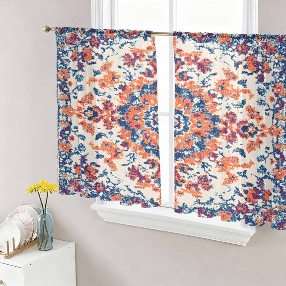 Orange Blue Ethnic Sheer Curtains 45 Inch Length 2 Panels Set, Boho Geometric Art Vintage Voile Window Treatment Rod Pocket Small Kitchen Curtains Drapes for Bedroom 52"x45"x2
