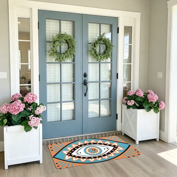 Orange Blue Evil Eye Sun Moon Doormat 20"x32", Weather Resistant Dirt Trapping Entry Rug for Indoor Outdoor Porch