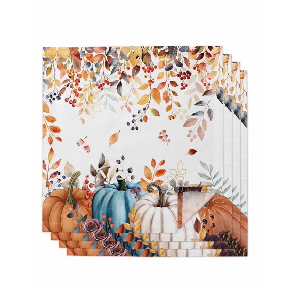 Orange Blue Fall Cloth Napkins Set of 4 Reusable Dinner Napkins, Thanksgiving Maple Leaf Autumn Cocktail Napkin Washable Table Napkins for Wedding/Holiday Party/Baby Shower 20"x20"