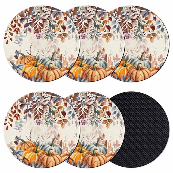 Orange Blue Fall Coasters Set of 6, Absorbent Coasters for Drinks, Retro Thanksgiving Pumpkins Botanical Coaster for Desk Coffee Table Protection, Home Decor House Warming Gifts 4"