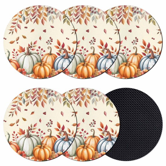 Orange Blue Fall Coasters Set of 6, Absorbent Coasters for Drinks, Thanksgiving Pumpkins Botanical Coaster for Desk Coffee Table Protection, Home Decor House Warming Gifts 4"