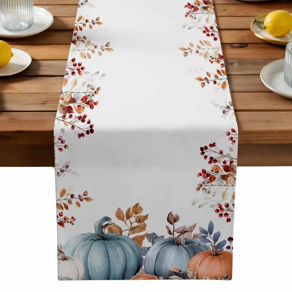 Orange Blue Fall Cotton Linen Table Runner for Dining Kitchen, Thanksgiving Maple Leaf Botanical Wedding Outdoor Party Tablerunners Decoration, Dresser Scarf Coffee Tablecloth Runners 13x120 Inches