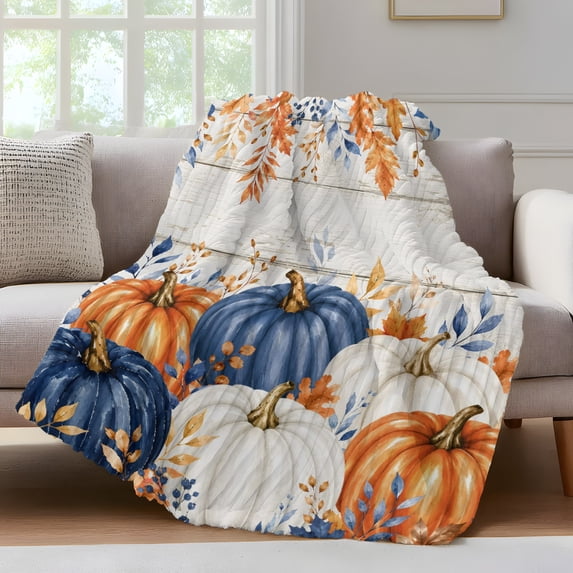 Orange Blue Fall Fleece Throw Blanket for Couch, Thanksgiving Pumpkin Botanical Vintage Microfiber Flannel Blanket for All Season, Lightweight Soft Throw Blankets for Baby, Kids, Pets, 30"x40"
