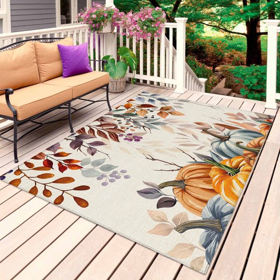 Orange Blue Fall Outdoor Rug for Patio/Deck/Porch, Non-Slip Large Area Rug 6 x 9 Ft, Retro Thanksgiving Pumpkins Botanical Indoor Outdoor Rugs Washable Area Rugs, Reversible Camping Rug Carpet Runner