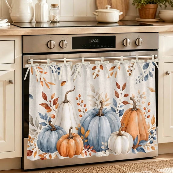Orange Blue Fall Oven Skirt for Farmhouse Kitchen Décor, Autumn Pumpkins Weeping Botanical Thanksgiving Oven Curtain Tie Top Stove Skirt, Cabinet Dish Washer Curtains with 8 Ribbon Ties 30"x21.5"