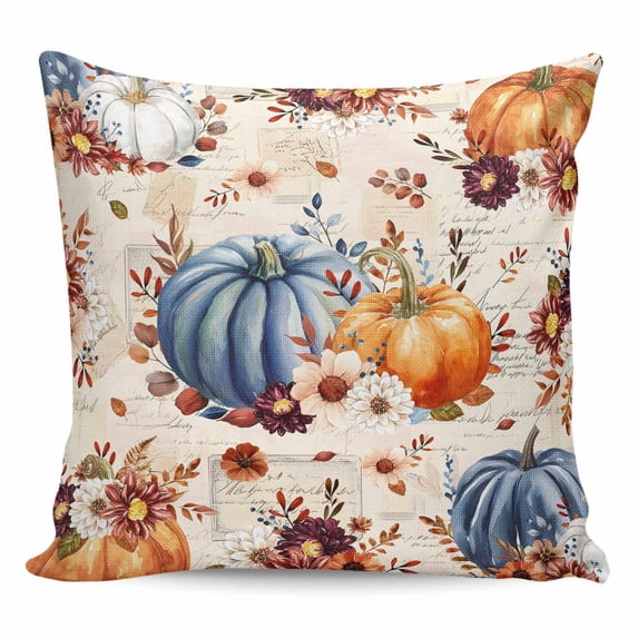 Orange Blue Fall Pumpkins Pillow Covers 16x16 Inch Decorative Throw Pillow Cover, Floral Botanical Thanksgiving Vintage Sofa Pillowcases Accent Cushion Case Home Decor Bedroom Living Room