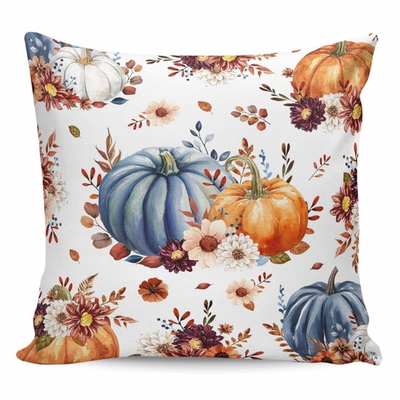 Orange Blue Fall Pumpkins Pillow Covers 18x18 Inch Decorative Throw Pillow Cover, Floral Botanical Thanksgiving Sofa Pillowcases Accent Cushion Case Home Decor Bedroom Living Room