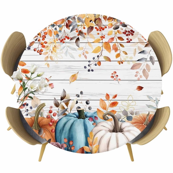 Orange Blue Fall Round Tablecloth, Fitted Table Cover with Elastic for 36"-44" Round Tables, Pumpkins Botanical Thanksgiving Wooden Table Cloth Outdoor Indoor Dinning Party Waterproof Tablecloths