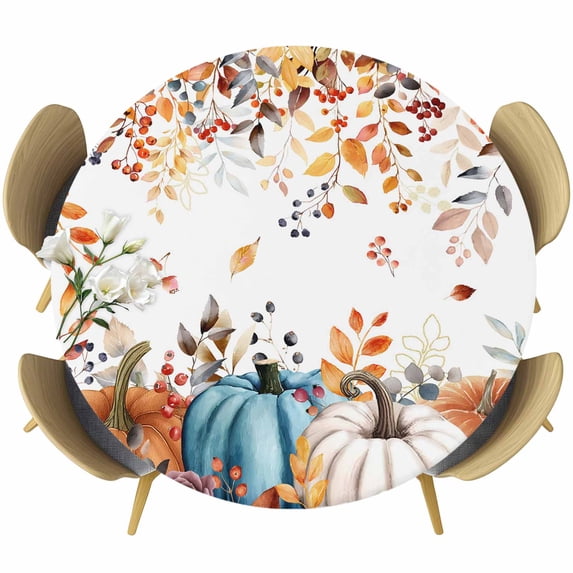 Orange Blue Fall Round Tablecloth, Fitted Table Cover with Elastic for 45"-54" Round Tables, Thanksgiving Maple Leaf Autumn Table Cloth Outdoor Indoor Dinning Party Waterproof Tablecloths