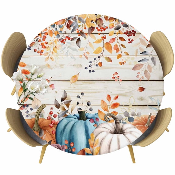 Orange Blue Fall Round Tablecloth, Fitted Table Cover with Elastic for 55"-60" Round Tables, Pumpkins Retro Botanical Thanksgiving Table Cloth Outdoor Indoor Dinning Party Waterproof Tablecloths
