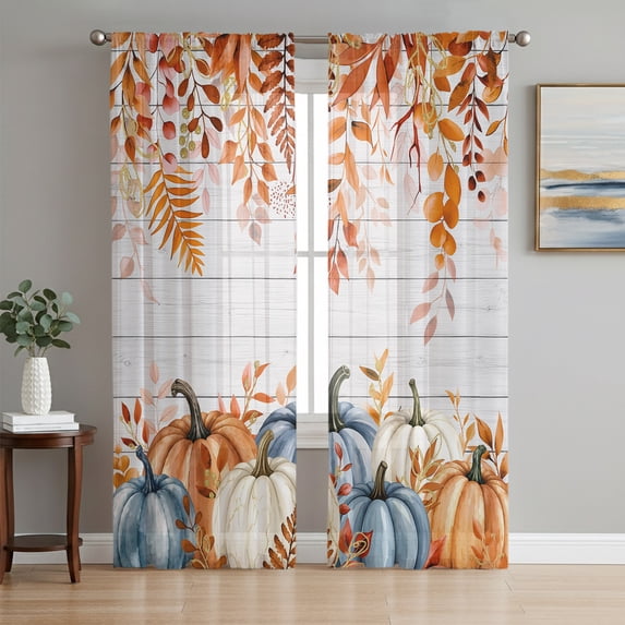 Orange Blue Fall Sheer Curtains 96 Inch Length 2 Panels Set, Vintage Pumpkins Thanksgiving Autumn Leaves Window Treatment Semi Sheer Long Curtains Drapes for Bedroom/Living Room/Kitchen 52"x96"x2