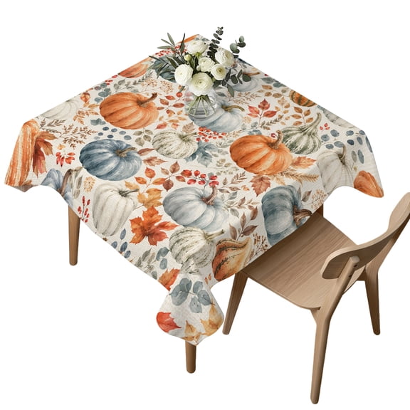 Orange Blue Fall Table Cloth, Waterproof Tablecloth for Square Tables, Thanksgiving Botanical Autumn Harvesy Washable Fabric Table Cover for Restaurant Kitchen Dining Tables 54"x54"