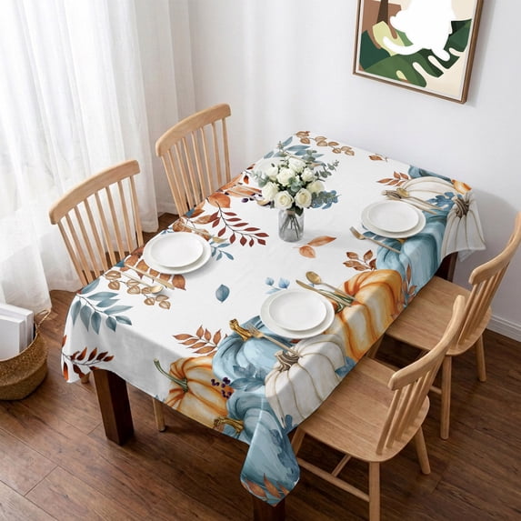 Orange Blue Fall Table Cloth Waterproof Tablecloths, Thanksgiving Botanical Pumpkins Tablecloth Dining Table Cover for Kitchen Party Tabletop Outdoor, Rectangle Tablecloth 60x84 Inch