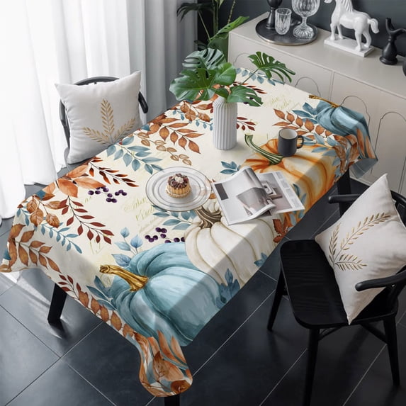 Orange Blue Fall Table Cloth Waterproof Tablecloths, Thanksgiving Pumpkins Harvest Botanical Tablecloth Dining Table Cover for Kitchen Party Tabletop Outdoor, Rectangle Tablecloth 60x120 Inch
