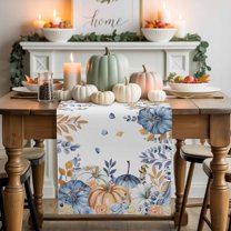 Orange Blue Fall Table Runner, Autumn Thanksgiving Kitchen Dining Table Decoration for Home Party Decor 13x48 Inches