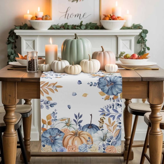 Orange Blue Fall Table Runner, Autumn Thanksgiving Kitchen Dining Table Decoration for Home Party Decor 13x48 Inches