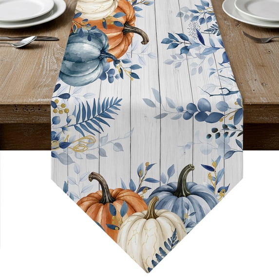 Orange Blue Fall Thanksgiving Table Runner Linen Burlap Table Runner 72 Inches Long Eucalyptus Leaves Vintage Dresser Scarves for Kitchen Island Coffee Dining Room Party Holiday Decoration 18"x72"
