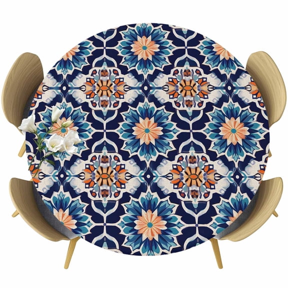 Orange Blue Fitted Tablecloth with Elastic Edged, Round Table Cloth for Dining Table, Morocco Boho Abstract Floral Ethnic Tribal Waterproof Oil Proof Table Cover for Indoor Outdoor 36"-44"