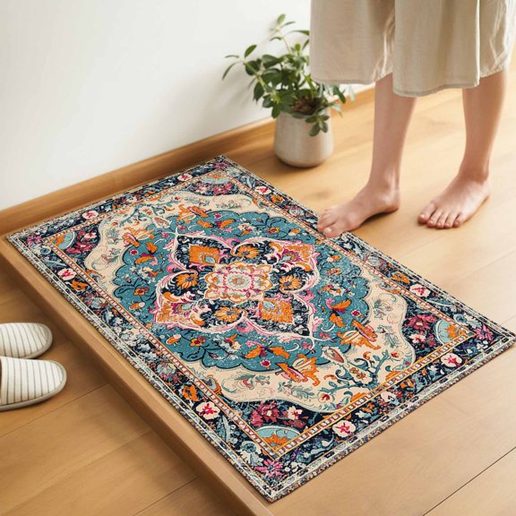 Orange Blue Floral Boho Door Mat 18x30 Inch Medieval Ethnic Turkey Retro Vintage Entryway Rug with Non-Slip Rubber, Inside Floor Mats Front Door Rug for Living Room Bathroom Bedroom Home Office