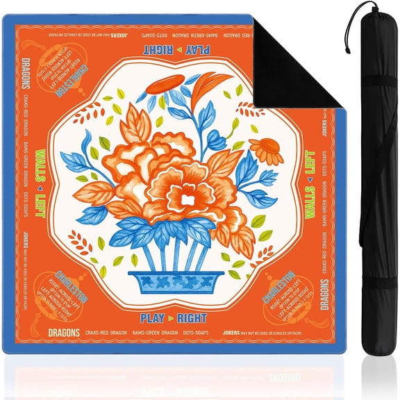 Orange & Blue Floral Mahjong Mat 31.5"x31.5" with Rules – No Creases Rolled Shipping, Non-Slip Noise Reducing Mat with Carry Bag for Poker, Card & Board Games