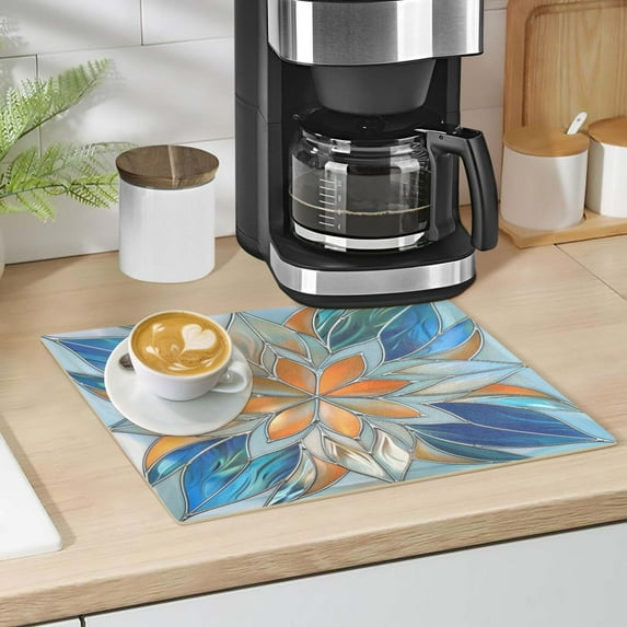 Orange Blue Floral Stained Glass Dish Drying Mat 12"x18" Kitchen Counter Dish Pad Microfiber Absorbent Drainer Rack for Coffee Bar