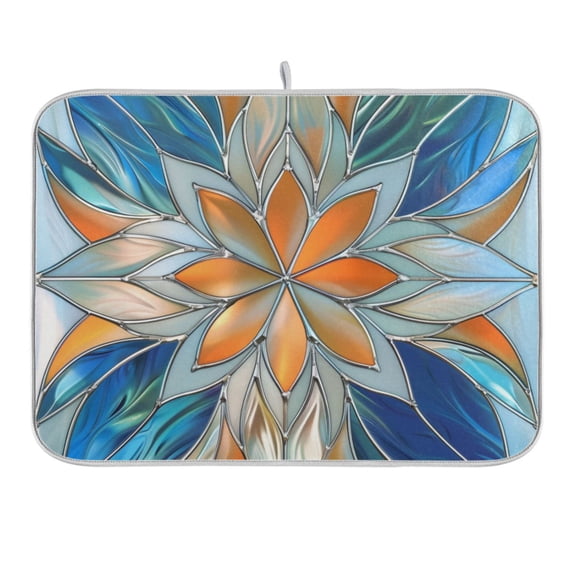 Orange Blue Floral Stained Glass Dish Drying Mat 16x18 Absorbent Microfiber Draining Rack Pad for Kitchen Counter Sink