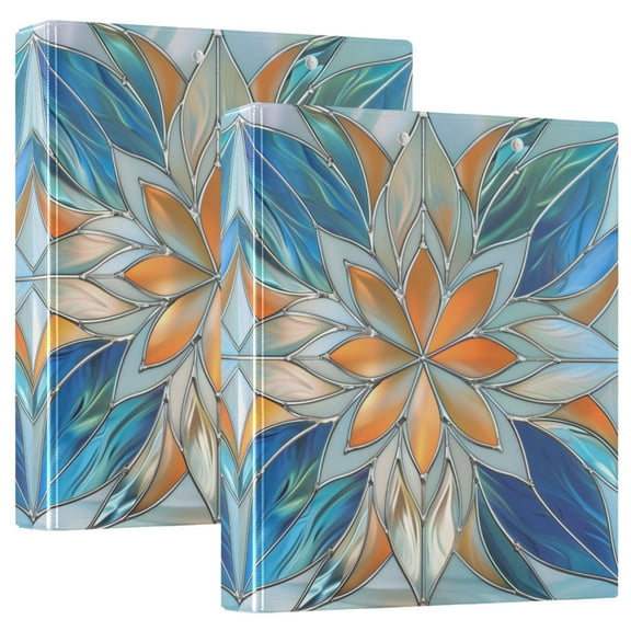 Orange Blue Floral Stained Glass Hardcover 3 Ring Binder 1.5” Round Rings Letter Size Paper Pockets for School Office Supplies