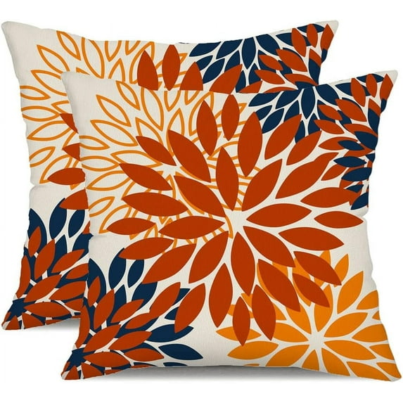 Orange Blue Flower Pillow Covers 16x16 Inch Set of 2 Fall Throw Pillows Outdoor Waterproof Decor for Living Room Sofa Patio Funiture Garden Floral Polyester Pillow Covers 012C