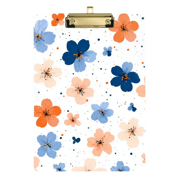 Orange Blue Flowers Dots Acrylic Clipboard Drawing Board with Hook Writing Pad File Storage A4 Size Gold 12.5" x 9"