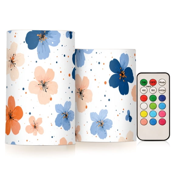 Orange Blue Flowers Dots Flickering Flameless Candles LED Tealight Battery Operated with Remote Set of 2 Holiday Decor Ornaments