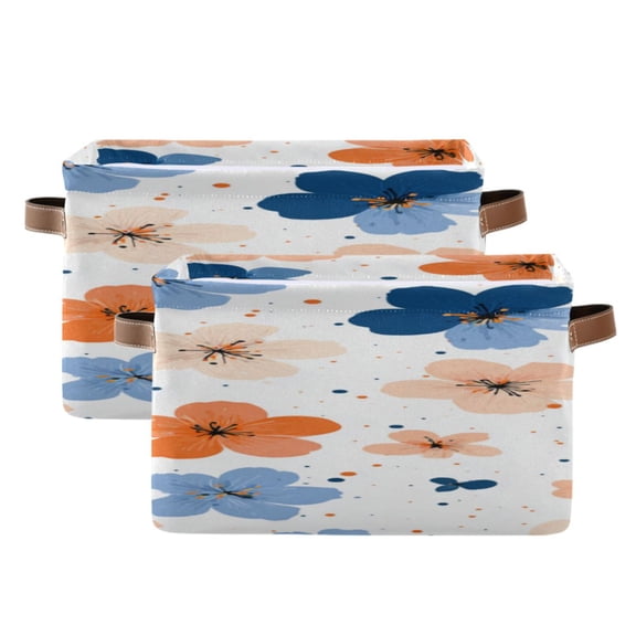Orange Blue Flowers Dots Square Storage Bins with Handles Collapsible Containing Box 2 Packs