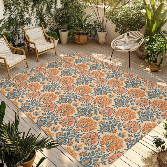 Orange Blue Geometric Outdoor Rug 3x5 Ft - Reversible Patio Rug Outdoor Camping Rugs, Ethnic Southwest Country Washable Indoor Outdoor Area Rugs, Non-Slip Outdoor Carpet Runner for Deck/Porch
