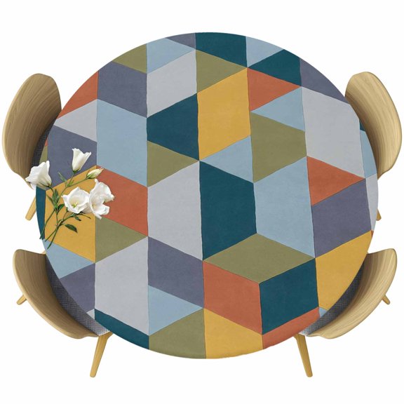 Orange Blue Geometric Round Tablecloth 36-44 Inch Round Fitted Table Cloth with Elastic Edge, Modern Art Aesthetics Abstract Waterproof Table Cover Protector for Outdoor Picnic Party Dining