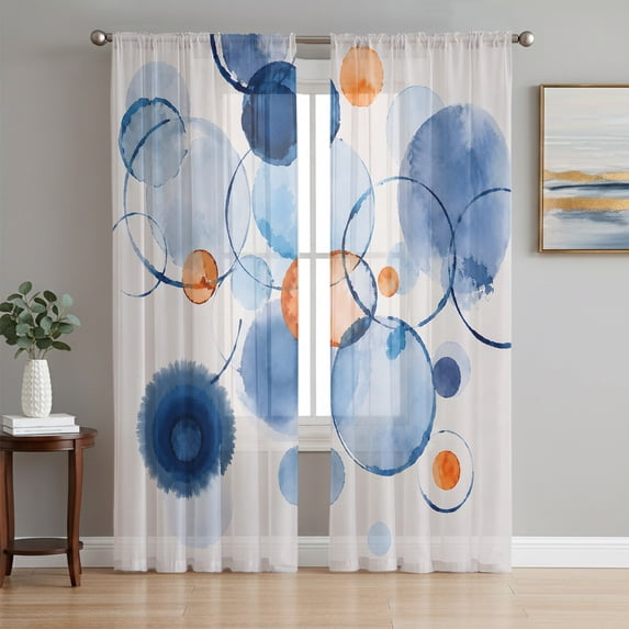 Orange Blue Geometric Sheer Curtains 96 Inch Length 2 Panels Set, Modern Abstract Minimalist Artwork Voile Window Treatment Semi Sheer Long Curtains Drapes for Bedroom/Living Room/Kitchen 52"x96"x2