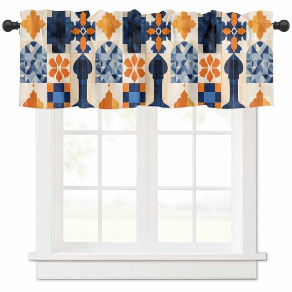 Orange Blue Geometric Valances for Windows Farmhouse Kitchen Curtains Valances Rod Pocket Valance Curtains for Kitchen Windows Vintage Ethnic Abstract Aesthetic Window Valances for Bathroom 42"x12"