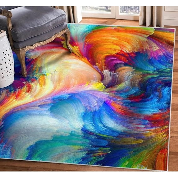Orange Blue Gradient Graffiti Area Rug, Retro Watercolor Painting Art Indoor Non Slip Print Rugs, Machine Washable Carpet For Living Room Bedroom Kitchen Dining Room Office Mat 1x2ft