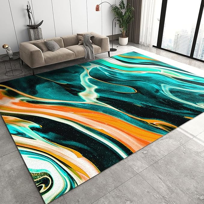 Orange Blue Gradient Marble Area Rug, Abstract Art Swirl Agate Print ...