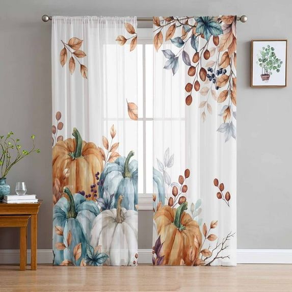 Orange Blue Grey Fall Sheer Curtains 72 Inches Long 2 Panels Set, Window Sheer Curtains for Living Room/Bedroom, Thanksgiving Pumpkins Botanical Light Filtering Rod Pocket Curtain 52'' x 72'' x 2