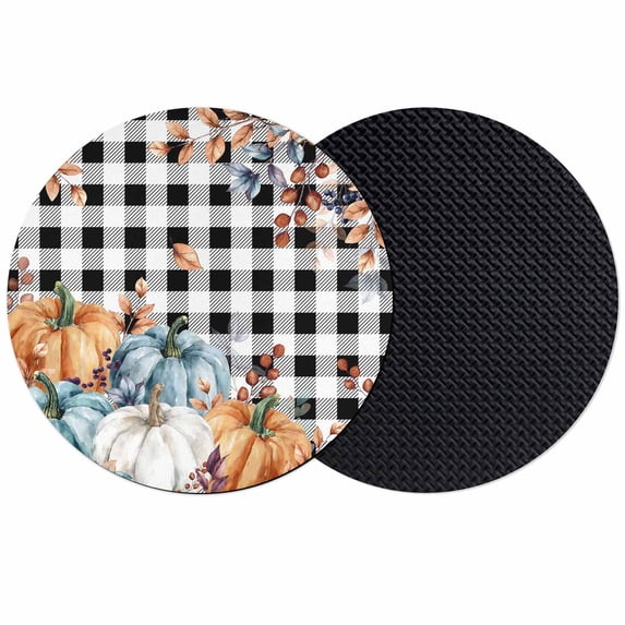 Orange Blue Grey Pumpkins Fall Coasters Set of 2, Absorbent Coasters for Drinks, Thanksgiving Botanical Plaid Coaster for Desk Coffee Table Protection, Home Decor House Warming Gifts 4"