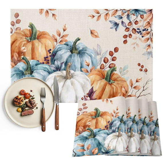 Orange Blue Grey Pumpkins Fall Placemats Set of 4, Thanksgiving Botanical Rustic Washable Wipeable Table Mats for Dining Tables, Indoor Outdoor Kitchen Place Mats for Holiday Party Table Decor