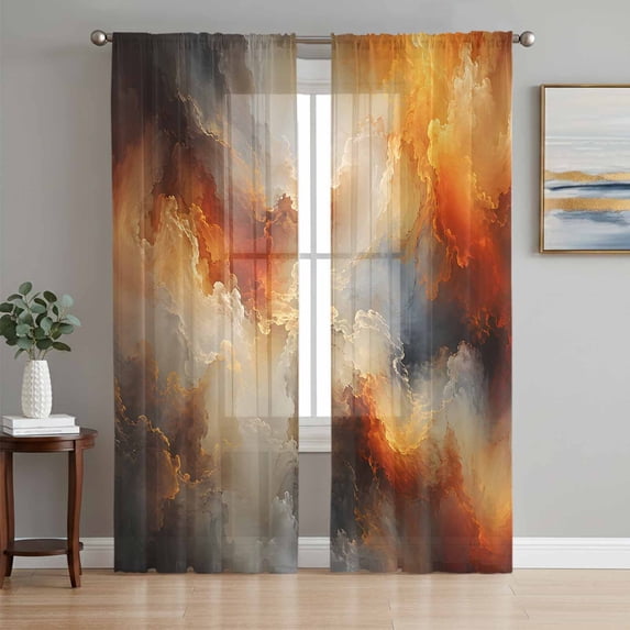 Orange Blue Grey Sheer Curtains 63 Inch Length 2 Panels Set, Vintage Country Abstract Marble Texture Voile Window Treatment Rod Pocket Curtains Sheers for Bedroom/Living Room/Kitchen 52x"63"x2