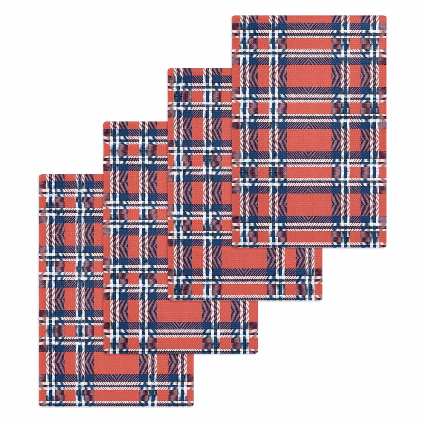 Orange Blue Hand Towels Set, Waffle Weave Kitchen Towels 4 Pieces, British Style Buffalo Plaid Lattice Microfiber Hair Face Bath Tea Towel Absorbent Quick Drying Cleaning Dish Cloths, 15.7"x23.6"